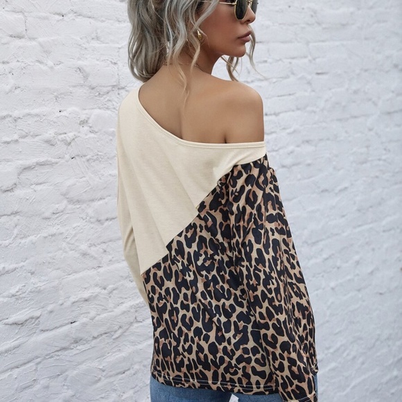 black Leopard print off shoulder long sleeve top - Picture 10 of 15